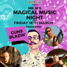 Poster advertising Guns Blazin’ gig in The Cube at The Shed in Bordon