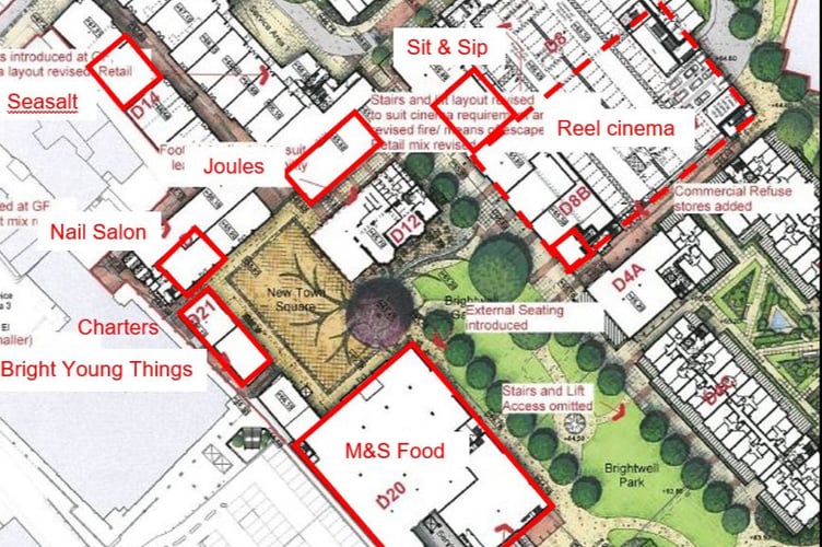A plan of Brightwells Yard, with retailers believed to be coming to Farnham marked in red