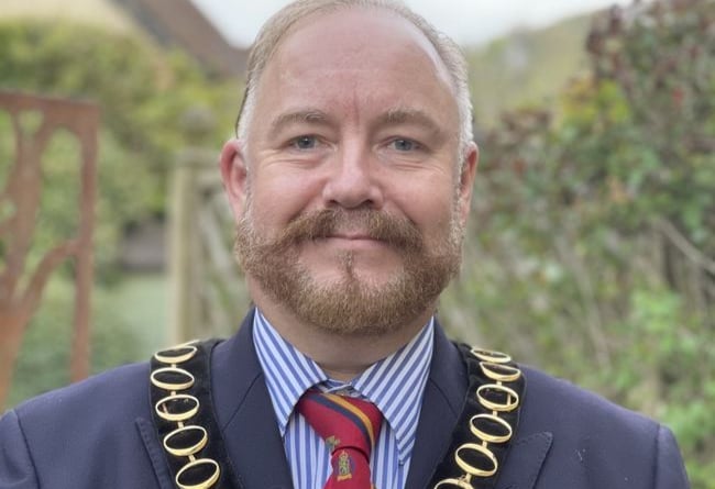 Cllr Adam Carew wearing the East Hampshire District Council chairman’s chain of office, May 2021.