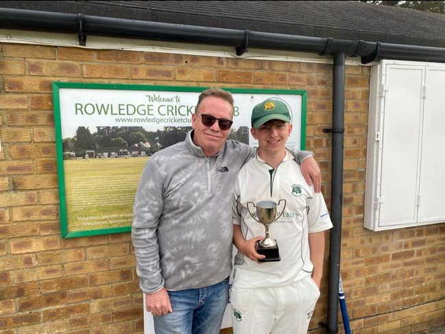 Rowledge man of the match Ryan Littlewood with Simon Reed, landlord of the award sponsors The Sandrock Pub and Take Away