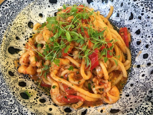 Wild prawn spaghetti with chilli, garlic, white wine and tomato
