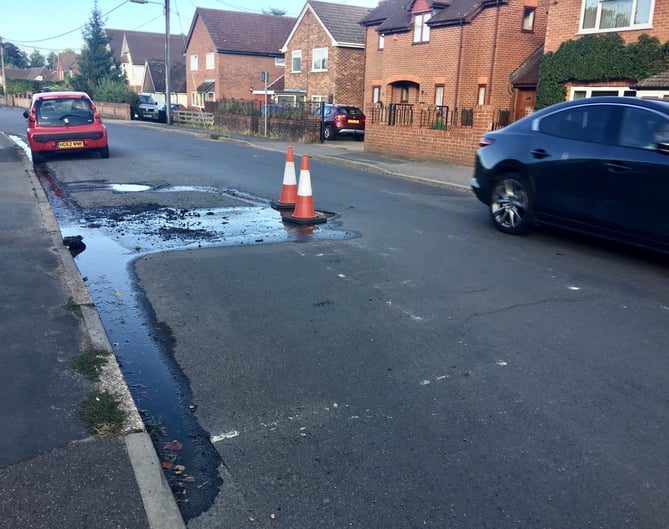 Water leak in Chawton Park Road, Alton, August 22nd 2022.