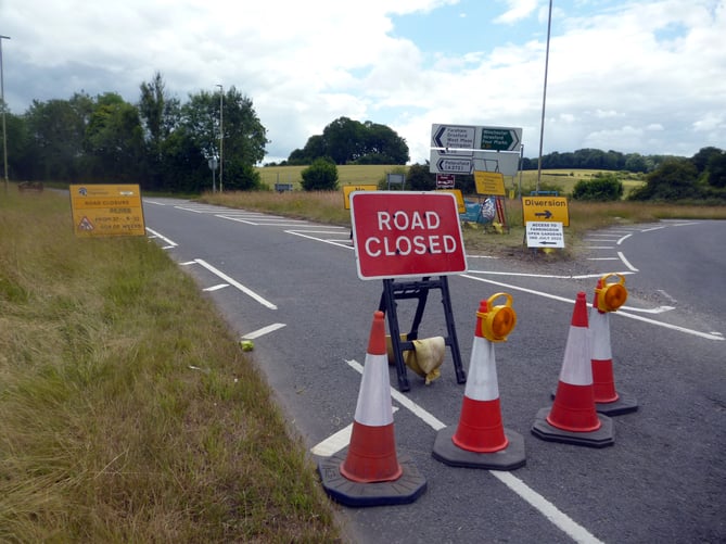 A32 closed at Chawton roundabout on A31, July 2022.