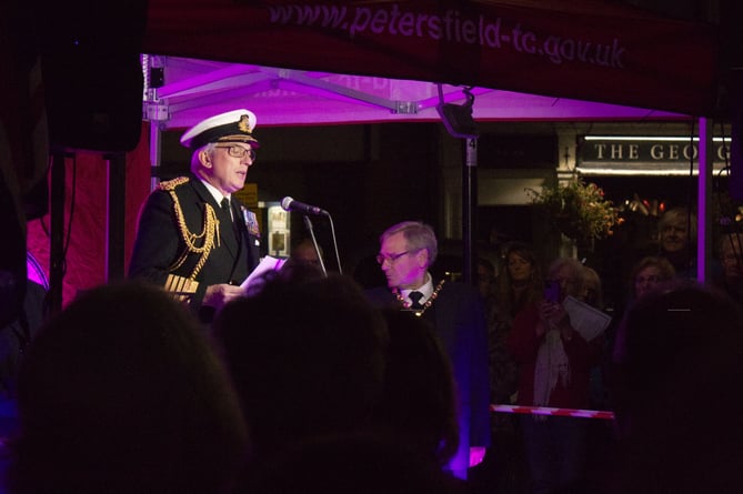Admiral Sir Philip Jones and the mayor of Petersfield at the proclamation of King Charles III in The Square, Petersfield