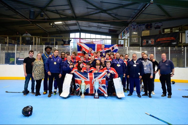 From left: Whitehill Town Council leader Cllr Andy Tree, deputy leader Cllr Catherine Clark and town mayor Cllr Leeroy Scott with the Great Britain team which won the 22nd International Inline Skater Hockey Federation under-19 European Championship held at Bordon Roller Rink, September 30th to October 2nd 2022.