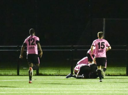 It’s there: Farnham Town celebrate Liam Flanighan’s late winner at Sheerwater