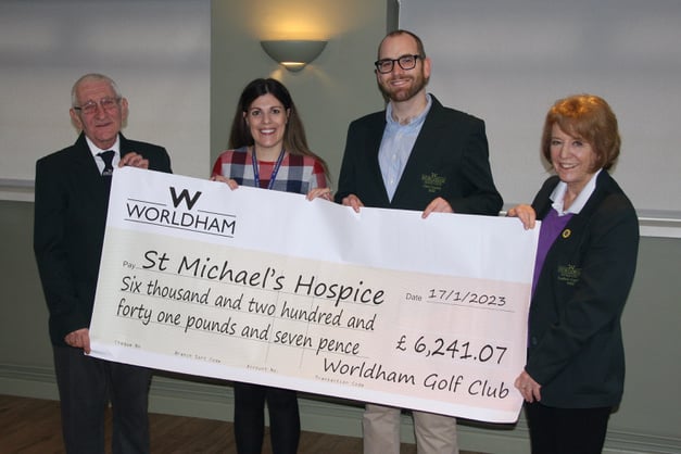 Worldham Golf Club presents cheque for £6,241.07 to St Michael's Hospice, January 2023. From left: Seniors’ captain Graham Bowden, hospice head of fundraising Sarah Shearman, club captain James Foulkes and ladies’ captain Lesley Hutchinson.