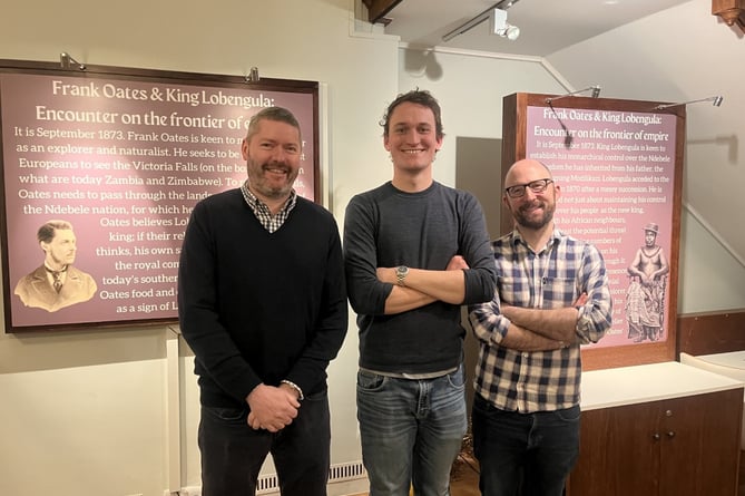 Prof Pete Langdon, Dr Joseph Higgins and Dr Chris Prior with the Frank Oates & King Lobengula: Encounter on the frontier of empire exhibition at Gilbert White’s House and Gardens in Selborne
