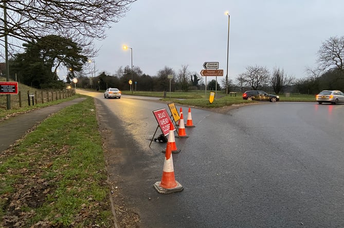 The West Street road closure as seen from the Coxbridge roundabout
