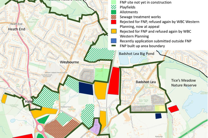 This map shows virtually every field of the surface water floodplain in Farnham has repeatedly been the subject of speculative applications