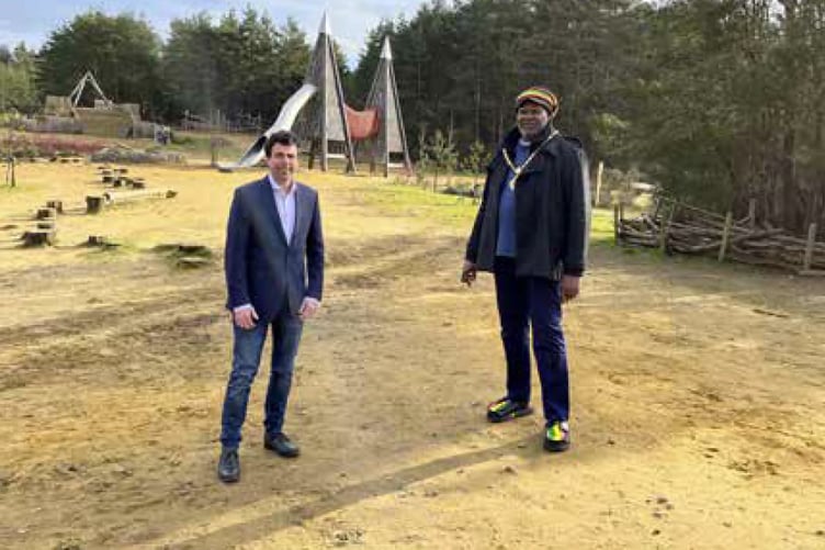 Whitehill Town Council leader Cllr Andy Tree and Whitehill town mayor Cllr Leeroy Scott in Hogmoor Inclosure, February 2023.