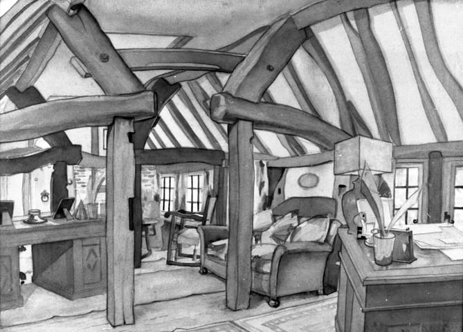 An unsigned drawing of the interior of the offices of the Quinette mineral water factory in what would later become The Castle Theatre and even later Zizzi in Castle Street, Farnham