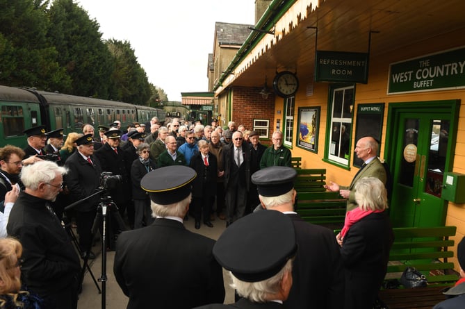 Volunteers who help maintain nd run the Watercress heritage railway that runs between Alresford and Alton in Hampshire have been awarded the Kings Award for volunteering. Pictured: Watercress President Richard Lacey addresses thanks to the lines volunteers as they gathered outside teh West Country Buffet on platform 1 for the award ceremony.Â©Russell Sach - 0771 882 6138
