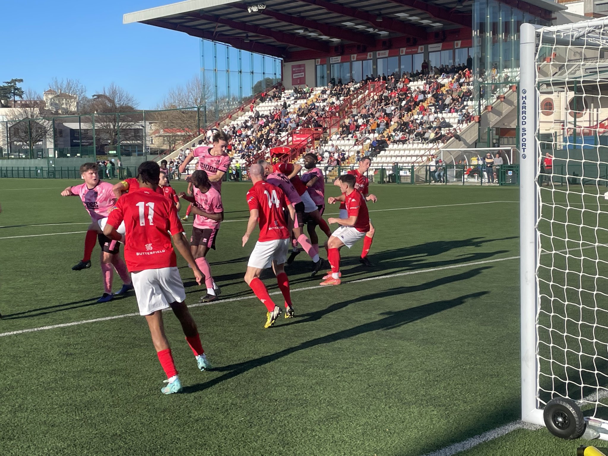 Farnham Town go close to scoring from a corner at Jersey Bulls