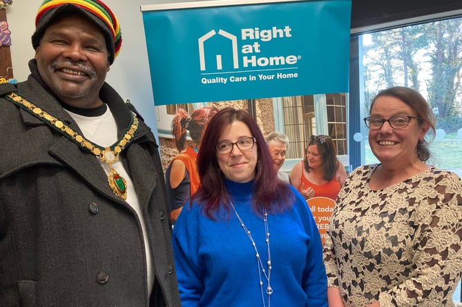Whitehill town mayor Cllr Leeroy Scott with Adriana Mendonca and Right at Home Alton and Bordon manager Claire Skilton, April 2023.