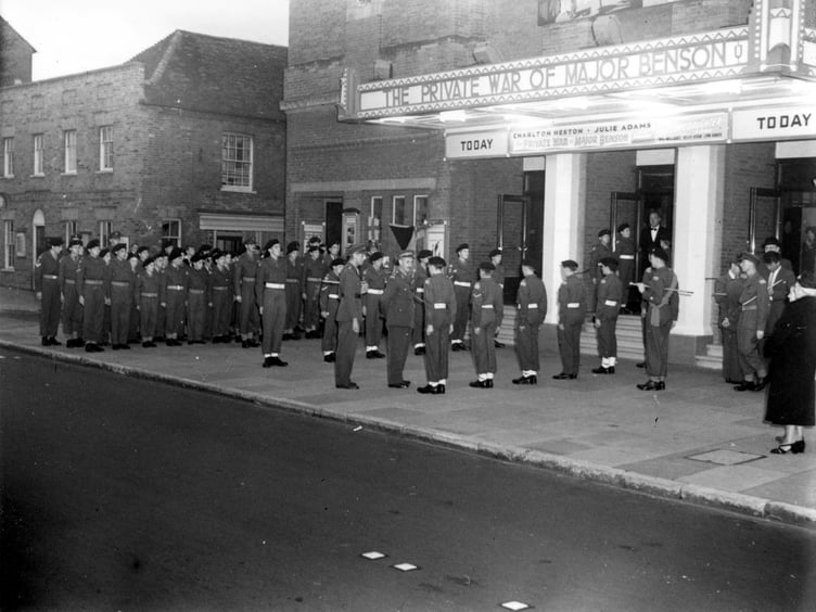 Farnham's  Army Cadet Force arriving for a special viewing of the The Private War of Major Benson in 1955