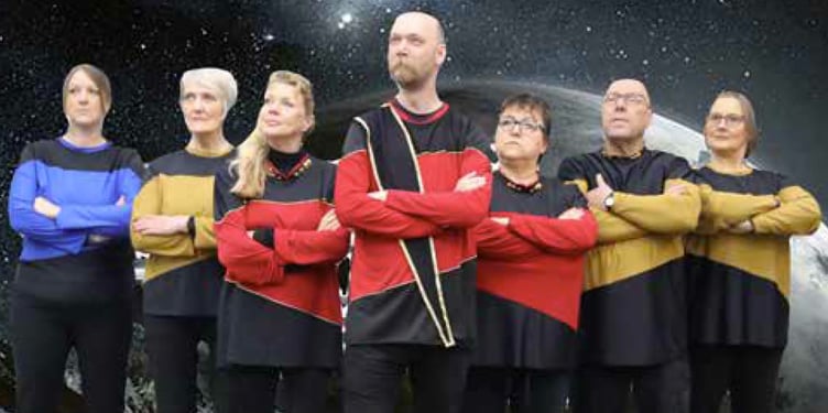 Grayshott Stagers, Return To The Forbidden Planet, April 2023. Captain Tempest (Richard Ashton) with crew members Kate Buxton, Jennifer Charters, Brezetta Thonger, Diana Lovelock, Eric Collins and Ingrid Collins.