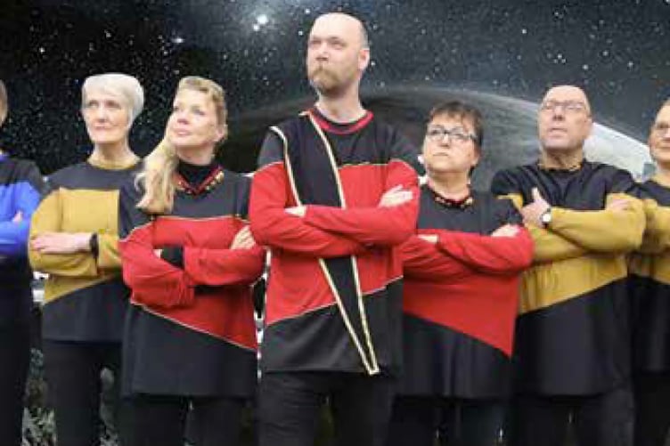 Grayshott Stagers, Return To The Forbidden Planet, April 2023. Captain Tempest (Richard Ashton) with crew members Kate Buxton, Jennifer Charters, Brezetta Thonger, Diana Lovelock, Eric Collins and Ingrid Collins.