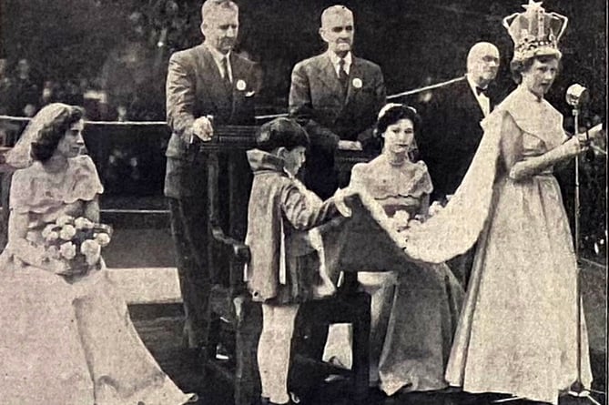 Farnham’s 1953 Coronation Queen, Miss Dorothy Cox, addressing the assembled ‘subjects’ in Gostrey Meadow after her crowning by the chairman of Farnham Urban District Council, Major HC Patrick JP