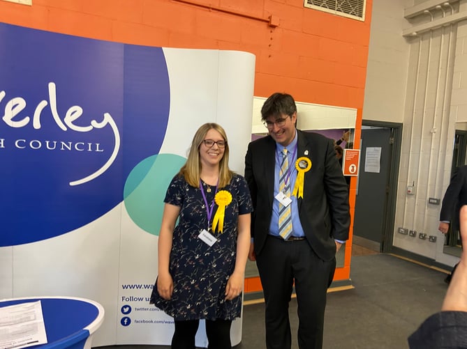 Waverley's Lib Dem leader Paul Follows and his fellow Godalming Central and Ockford councillor Victoria Kiehl celebrate their elections last Friday