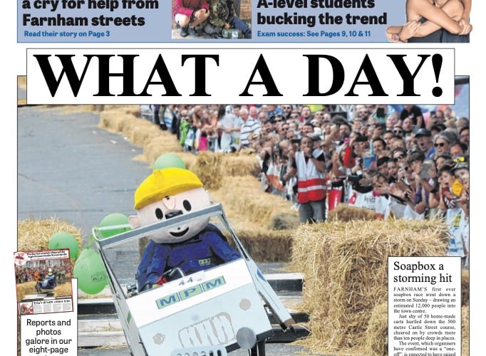 The Herald front page in the week after Farnham's first ever soapbox race in August 2019