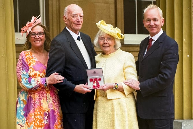 Sylvia Goodall MBE presentation, Buckingham Palace, May 2023. From left: Daughter Nicky Jarman, brother Ken Peacock, Sylvia Goodall MBE and son Andrew Goodall