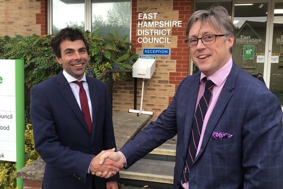 Cllr Andy Tree, left, and Cllr Richard Millard after agreeing coalition terms to run East Hampshire District Council, May 2023.