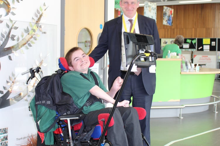 East Hampshire MP Damian Hinds meets Treloar's student Ryan, May 2023.