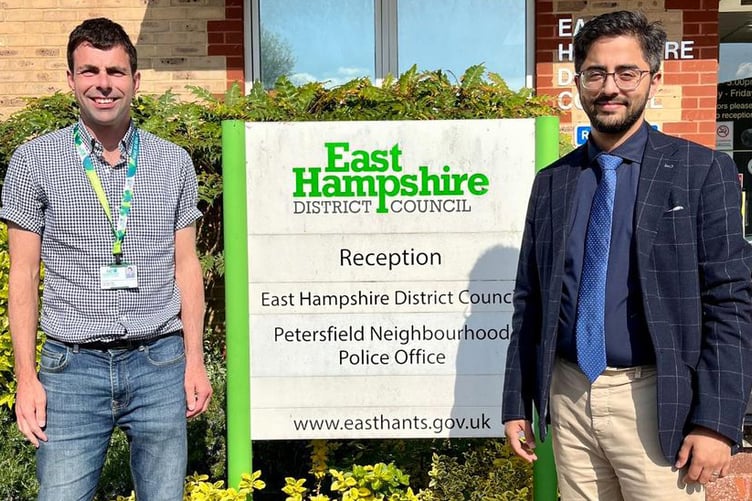 Cllr Andy Tree and Cllr Adeel Shah outside East Hampshire District Council’s Penns Place offices in Petersfield, May 25th 2023.