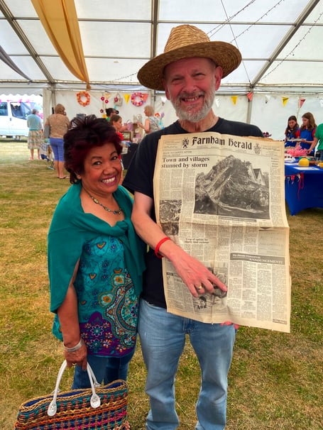 Tim and Zenny Penycate with a copy of the Farnham Herald's 1987 'Great Storm' edition