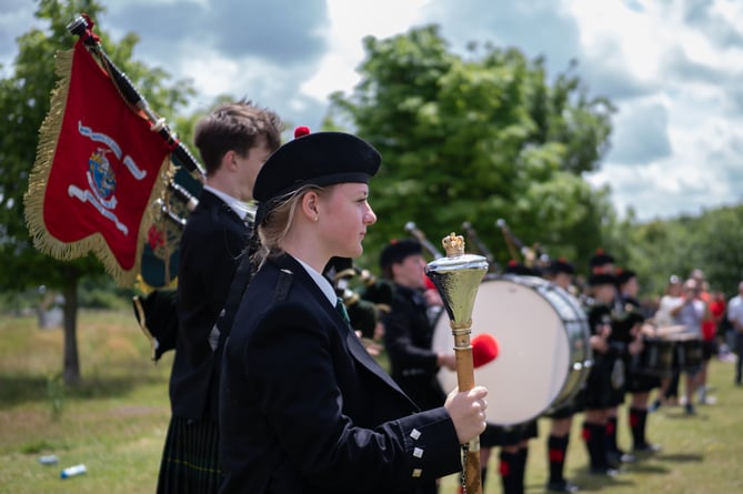 The Gordon School Pipes and Drums Band practises for its performance in Anstey Park, Alton, on June 24th 2023.