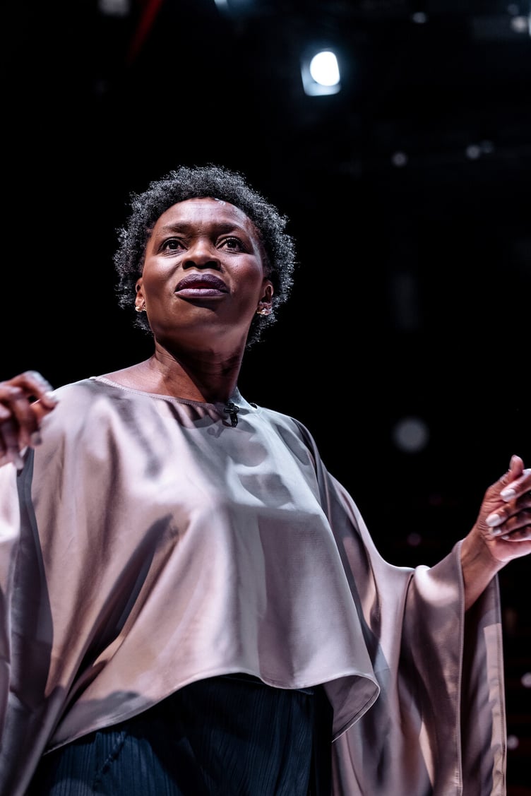 Rakie Ayola as Adrienne Kennedy in Mom, How Did You Meet The Beatles?, Minerva Theatre, Chichester, June 2023.