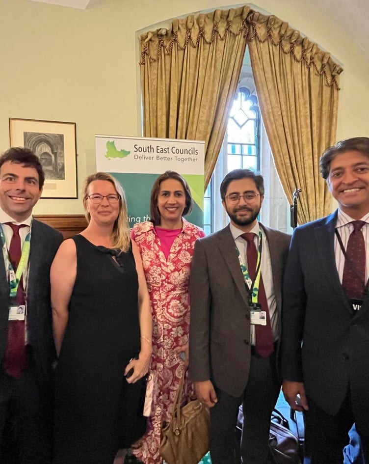 East Hampshire district councillors Andy Tree, Catherine Clark and Adeel Shah spread the word about Whitehill & Bordon in Westminster, July 10th 2023.