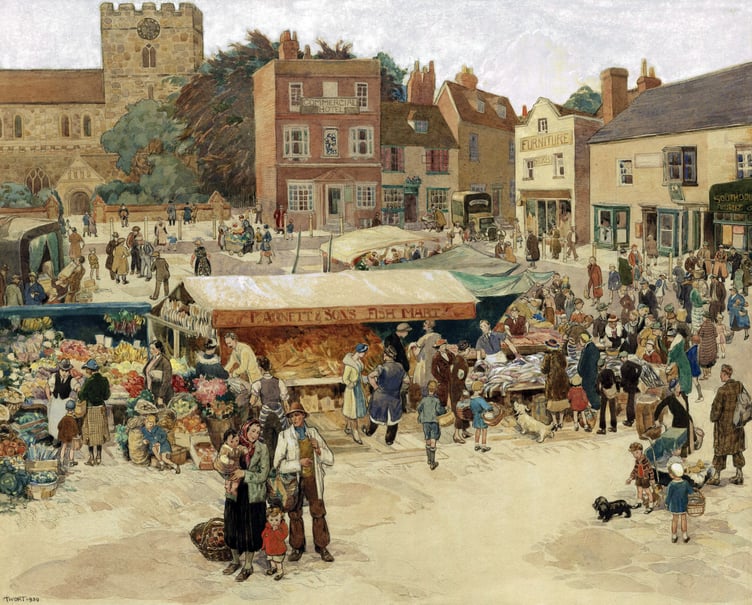 Market Day at Petersfield Market Square 1939, by Flora Twort.