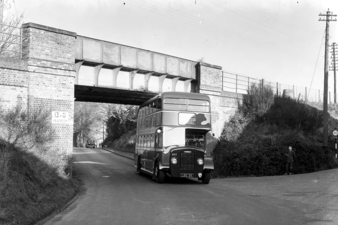 The 'first double decker bus through Wrecclesham bridge', photographed early in 1954