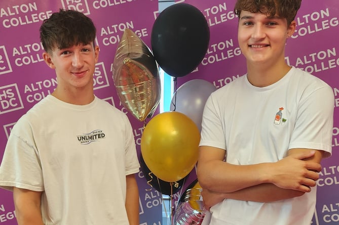 Matthew Cooke and Morris Pagett celebrate their results at Alton College, August 17th 2023.