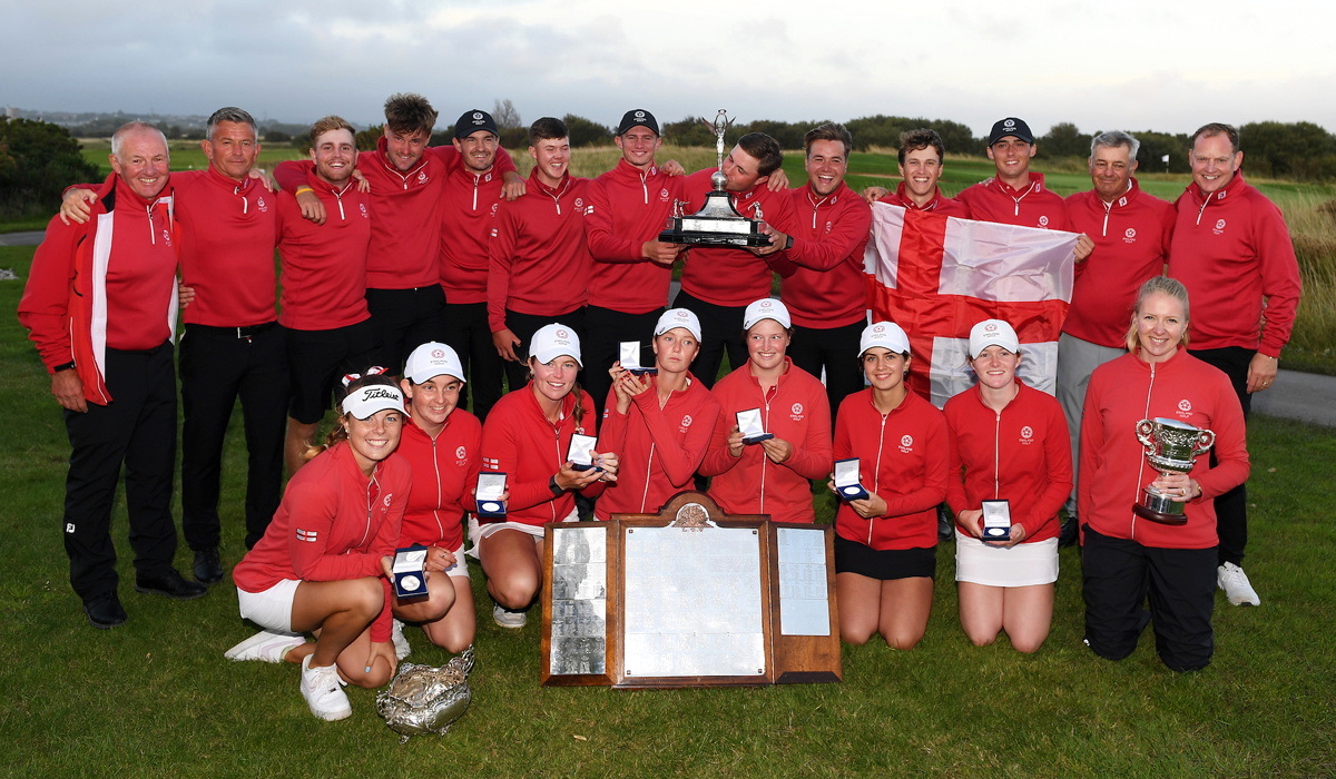 Farnham golfer Lottie Woad (bottom row, fourth right) helped England claim a memorable treble in the Home Internationals