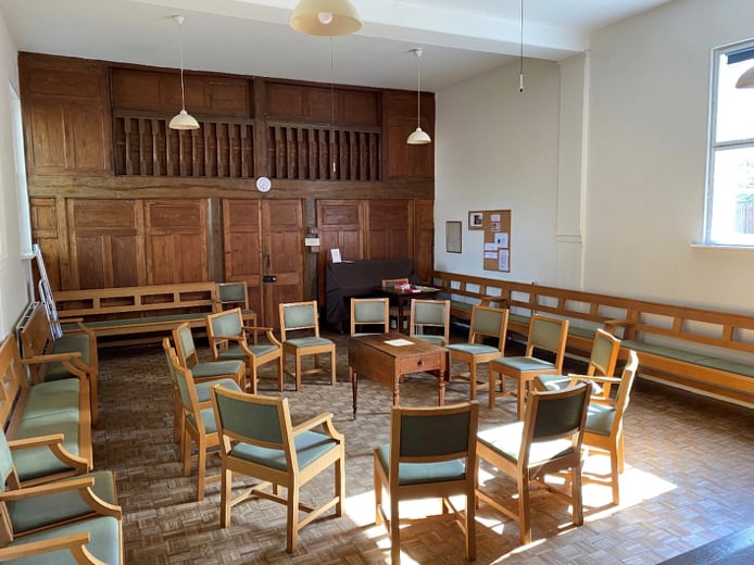 The main meeting room at the Quaker Meeting House in Alton, August 2022.