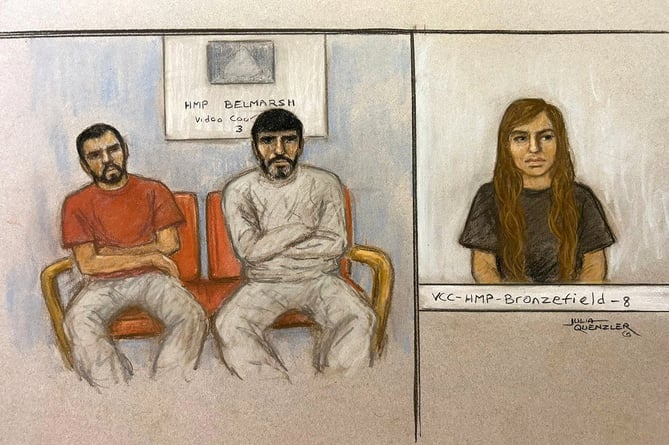 (L-R) Faisal Malik, 28, Urfan Sharif, 41, and Beinash Batool, 29, appear via video link  at the Old Bailey this morning, September 19, 2023, from their respective prisons.  Release date  September 19, 2023.  See SWNS story SWCCsara.  A provisional trial date has been set for next year for the murder of 10-year-old Sara Sharif by her father, stepmother and uncle.  Urfan Sharif, 41, his partner Beinash Batool, 29, and Urfan's brother, Faisal Malik, 28, all of Woking in northwest Surrey, have each been charged with the young girls murder as well as with a separate charge of causing or allowing her death.  The three defendants left the UK for Pakistan the day before Saras body was found at her home on August 10, and a post-mortem examination found she had suffered from multiple and extensive injuries.    An earlier hearing was told she was found under a blanket on a bed with two notes placed under her pillow.  The trio appeared via video links for their hearing at the Old Bailey this morning.   Batool, wearing a grey t-shirt, is being held at HMP Bronzefield in Ashford, Surrey. Sharif, wearing a grey tracksuit, and Malik, wearing a red shirt, are being held at the high-security, Category A HMP Belmarsh prison in Thamesmead, southeast London.   The men were sat together on a red sofa in a large, blue room. 