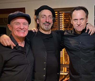 Comedians Bobby Davro, Addy Van der Borgh and Geoff Whiting after a show at Borelli's Wine Bar and Grill, Farnham.
