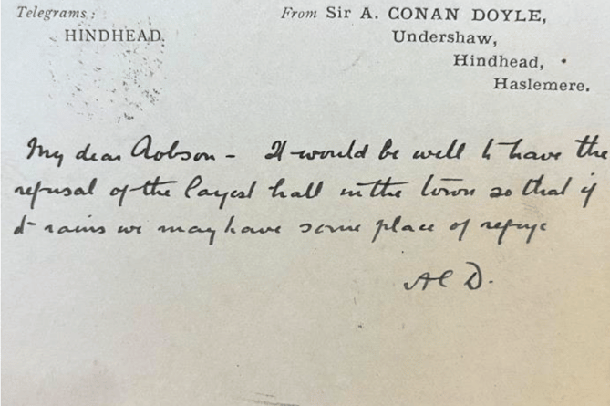 A hand-written note from Sir Arthur Conan Doyle from his home in Hindhead where he lived from 1897-1907 and where he wrote many of his most famous works