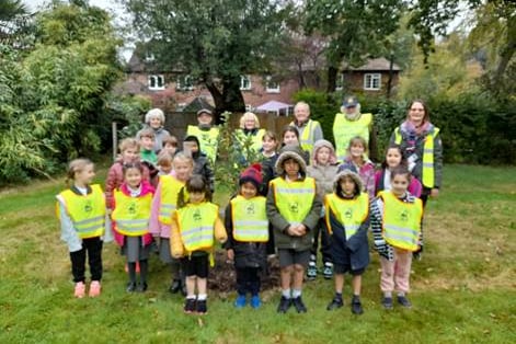 Children from Shottermill Infant and Junior schools plant crocuses in an orchard on Lion Green