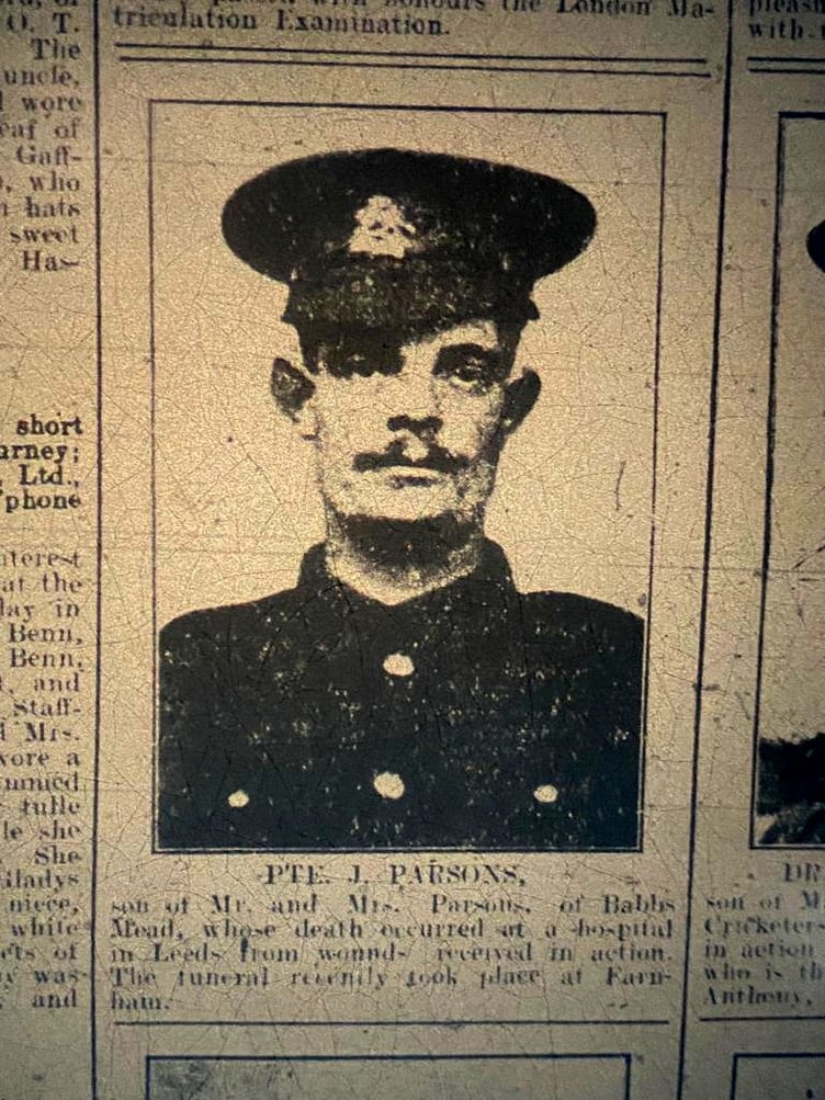 Private Joseph Parsons, from Farnham, was shot in the shoulder during the Battle of Messines and died of his wounds on July 1, 1917