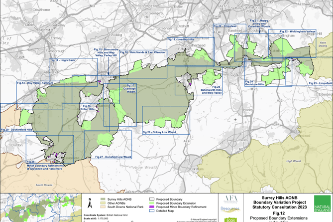 The Surrey Hills stretch from Farnham and Haslemere to as far east as Oxted. Highlighted in bright green are the proposed extension areas