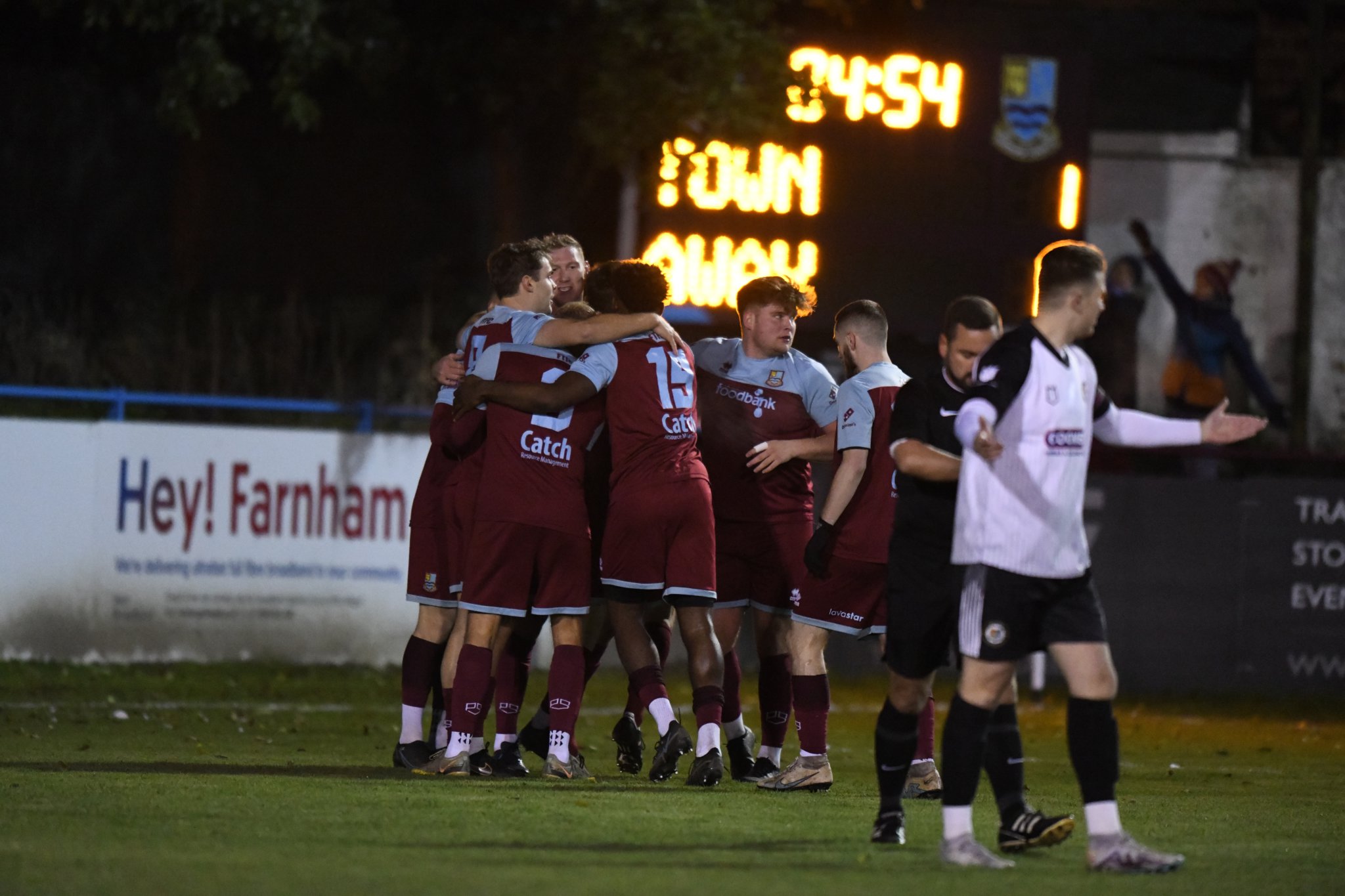 Farnham Town celebrate Charlie Postance’s opening goal against Alton