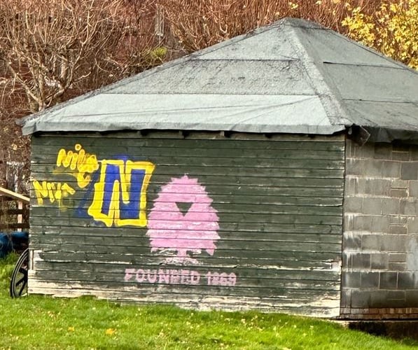 Graffiti on the cricket club shed on Witley Recreation Ground