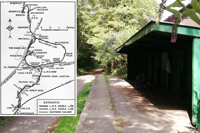 A plan of the Longmoor Military Railway from one of the open day guidebooks (inset) and the platform at Liss
