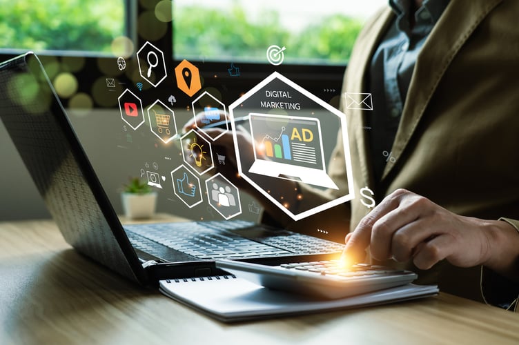 Digital online marketing commerce sale concept, Promotion of products or services through digital channels search engine, social media, email, website, Digital Marketing Strategies and Goals. SEO PPC