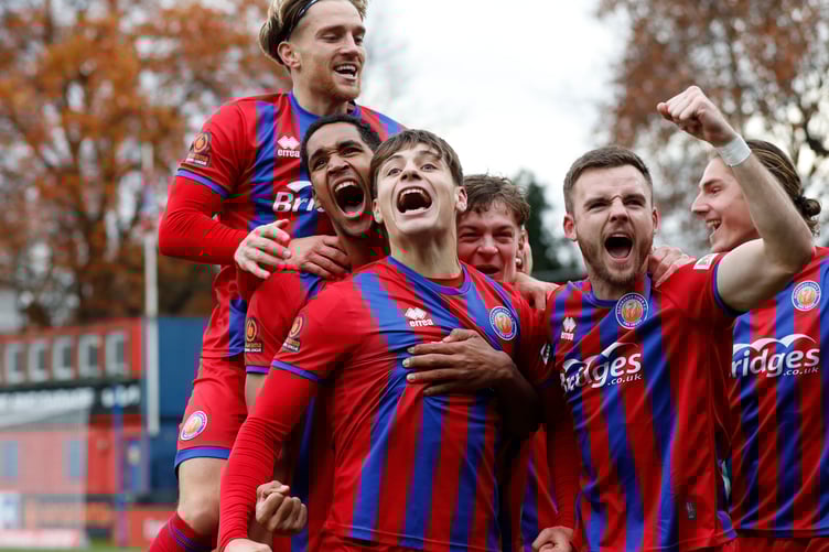 Josh Stokes celebrates Aldershot’s first goal at home to Stockport