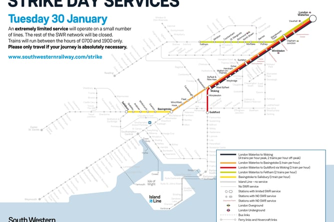 South Western Railway strike map for Tuesday, January 30